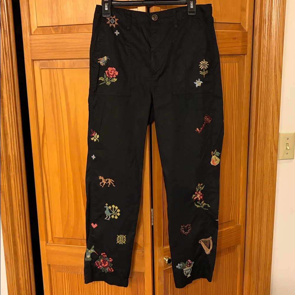Johnny Was Black Embroidered Ankle Pants with Multicolor Floral Motifs